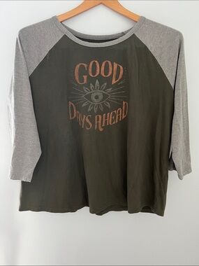 Sonoma | Olive Green and Gray Raglan Tee - "Good Days Ahead" Graphic Size 1X
